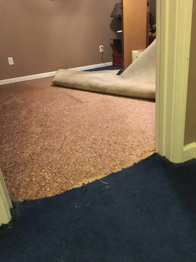 Carpet pad removal revealing water damage during Drying & Dehumidification in Riverside